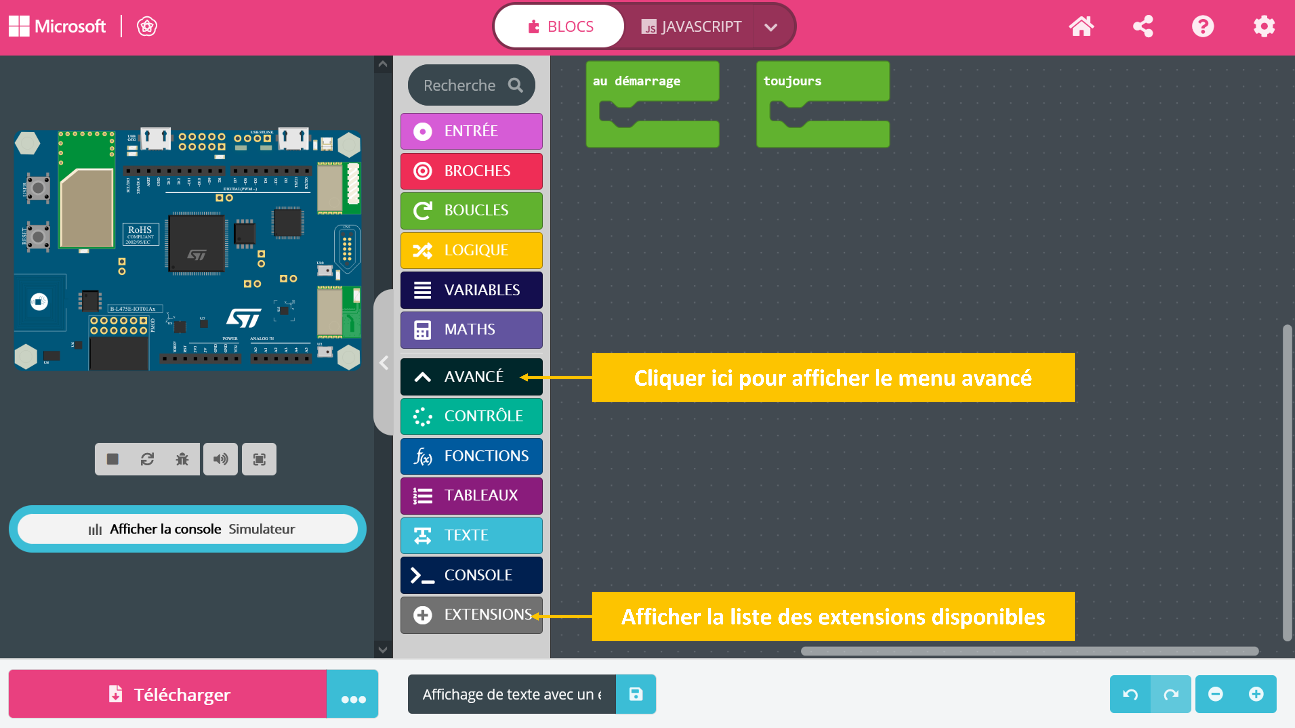 Menu des extensions MakeCode